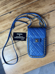 Chanel blue quilted leather CC chain phone holder pouch