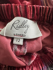 Ridley red check 100% silk straight leg relaxed trousers size UK12/US8