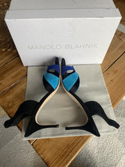 Manolo Blahnik blue suede open toe heels size UK8/US10