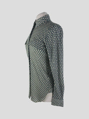 Celine green & cream print 100% wool long sleeve shirt size UK8/US4