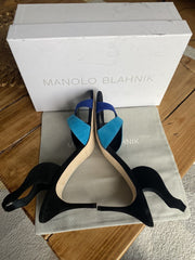 Manolo Blahnik blue suede open toe heels size UK8/US10