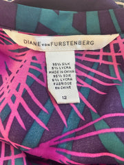 Diane Von Furstenberg purple print silk blend drape dress size UK14/US10