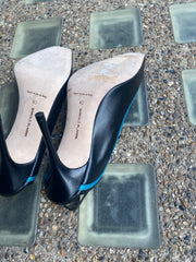 Manolo Blahnik black & green leather square toe heels size UK7/US9