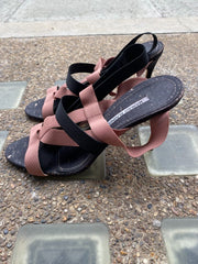 Manolo Blahnik powder pink & black strappy fabric heels size UK7/US9
